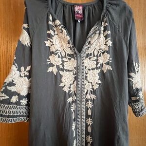 Johnny Was Charcoal Tunic with Cream Floral Embroidery
